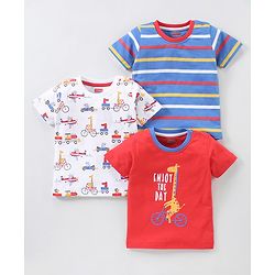 Babyhug Cotton Knit Half Sleeves Giraffe Print & Stripes T-Shirt Pack Of 3 - Blue Red & White