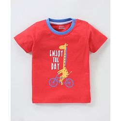 Babyhug Cotton Knit Half Sleeves Giraffe Print & Stripes T-Shirt Pack Of 3 - Blue Red & White