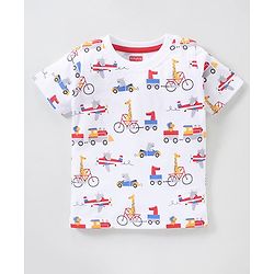 Babyhug Cotton Knit Half Sleeves Giraffe Print & Stripes T-Shirt Pack Of 3 - Blue Red & White