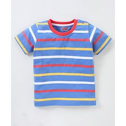 Babyhug Cotton Knit Half Sleeves Giraffe Print & Stripes T-Shirt Pack Of 3 - Blue Red & White