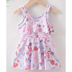 Babyhug Sleeveless Frock Swimsuit Floral Print- White & Red