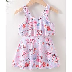 Babyhug Sleeveless Frock Swimsuit Floral Print- White & Red