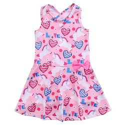 Babyhug Sleeveless Heart Print Frock Swimsuit with Bow Applique - Pink