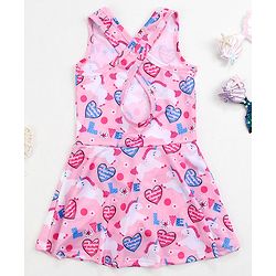 Babyhug Sleeveless Heart Print Frock Swimsuit with Bow Applique - Pink