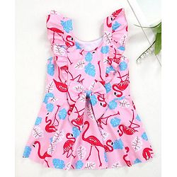 Babyhug Frill Sleeves Frock Swimsuit Flamingo Print - Pink