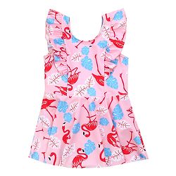 Babyhug Frill Sleeves Frock Swimsuit Flamingo Print - Pink