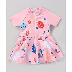 Babyhug Full Sleeves Frock Swimsuit Leaf Print- Pink