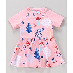 Babyhug Full Sleeves Frock Swimsuit Leaf Print- Pink