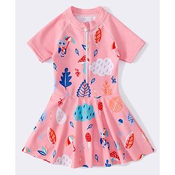 Babyhug Full Sleeves Frock Swimsuit Leaf Print- Pink