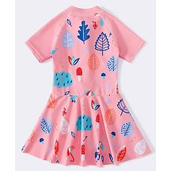 Babyhug Full Sleeves Frock Swimsuit Leaf Print- Pink