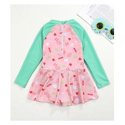 Babyhug Raglan Sleeves Frock Swimsuit Text Print - Pink & Green