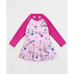Babyhug Raglan Sleeves Frock Swimsuit Goggles Print - Pink
