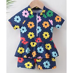 Babyhug Half Sleeves Frock Swimsuit Floral Print - Navy Blue
