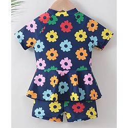 Babyhug Half Sleeves Frock Swimsuit Floral Print - Navy Blue