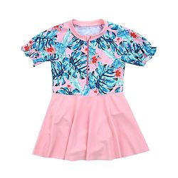 Babyoye Half Sleeves Frock Swimsuit Tropical Print - Pink