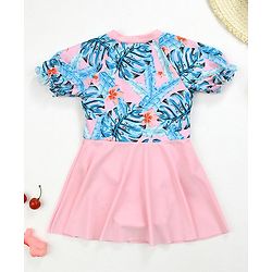 Babyoye Half Sleeves Frock Swimsuit Tropical Print - Pink