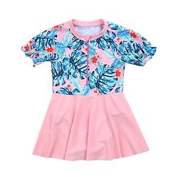 Babyhug Half Sleeves Frock Swimsuit Tropical Print - Pink