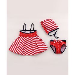 Babyhug Singlet Sleeves Striped Frock Swimsuit with Cap & Bikini Bottomwear - Red
