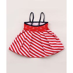 Babyhug Singlet Sleeves Striped Frock Swimsuit with Cap & Bikini Bottomwear - Red