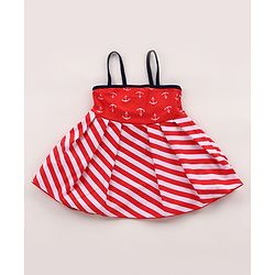 Babyhug Singlet Sleeves Striped Frock Swimsuit with Cap & Bikini Bottomwear - Red