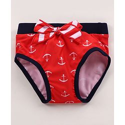Babyhug Singlet Sleeves Striped Frock Swimsuit with Cap & Bikini Bottomwear - Red