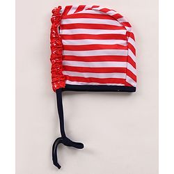Babyhug Singlet Sleeves Striped Frock Swimsuit with Cap & Bikini Bottomwear - Red