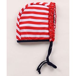 Babyhug Singlet Sleeves Striped Frock Swimsuit with Cap & Bikini Bottomwear - Red