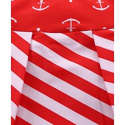 Babyhug Singlet Sleeves Striped Frock Swimsuit with Cap & Bikini Bottomwear - Red