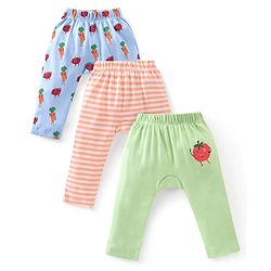 Babyhug Cotton Full Length Diaper Pants Tomato  Carrot Print & Stripes Pack of 3 - Red Blue & Green