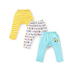 Babyhug Cotton Full Length Diaper Leggings Stripes & Train Print Pack of 3- Blue & White