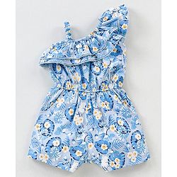 Babyhug 100% Cotton One Shoulder Sleeves Jumpsuit Floral Print- Blue