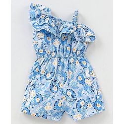 Babyhug 100% Cotton One Shoulder Sleeves Jumpsuit Floral Print- Blue