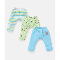 Babyhug Cotton Full Length Diaper Pants Striped & Wild Animal Print Pack Of 3 - Blue & Green