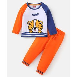 Babyhug 100% Cotton Knit Raglan Sleeves T-Shirt & Lounge Pant With Tiger Embroidery - Orange & White
