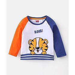 Babyhug 100% Cotton Knit Raglan Sleeves T-Shirt & Lounge Pant With Tiger Embroidery - Orange & White