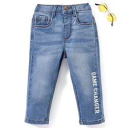 Babyhug Cotton Full Length Stretchable Denim Jeans Game Changer Text Print  With Mock Fly  - Blue