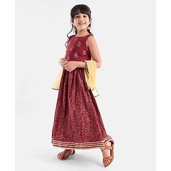 Babyhug Sleeveless Choli With Lehenga And Dupatta Floral Print- Maroon