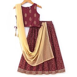 Babyhug Sleeveless Choli With Lehenga And Dupatta Floral Print- Maroon