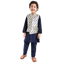 Babyhug 100% Cotton Flex Full Sleeves Kurta Pyjama Set with Waistcoat - Blue