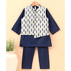 Babyhug 100% Cotton Flex Full Sleeves Kurta Pyjama Set with Waistcoat - Blue