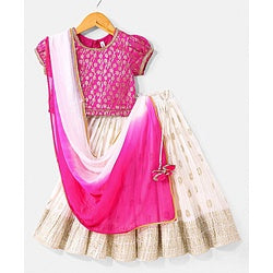 Babyhug Half Sleeves Brocade Choli & Pleated Foil Print Lehenga With Dupatta Set - Off White & Pink