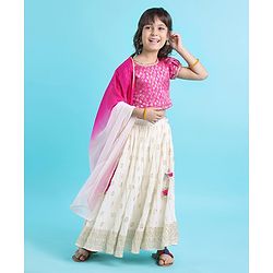 Babyhug Half Sleeves Brocade Choli & Pleated Foil Print Lehenga With Dupatta Set - Off White & Pink
