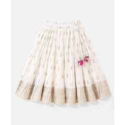 Babyhug Half Sleeves Brocade Choli & Pleated Foil Print Lehenga With Dupatta Set - Off White & Pink