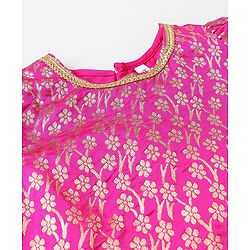 Babyhug Half Sleeves Brocade Choli & Pleated Foil Print Lehenga With Dupatta Set - Off White & Pink