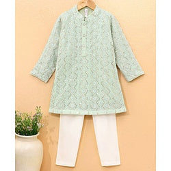 Babyhug Cotton Full Sleeves Georgette Embroidered Kurta With Solid Pyjama Set- Mint Gren