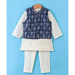 Babyhug Full Sleeves Dobby Solid Kurta and Pyjama Set with Printed Jacket - Cream