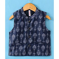Babyhug Full Sleeves Dobby Solid Kurta and Pyjama Set with Printed Jacket - Cream