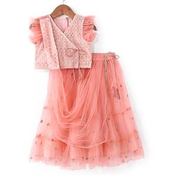 Babyhug Frill Sleeves Embroidered Overlap Choli With Net Lehenga  and Dupatta - Coral
