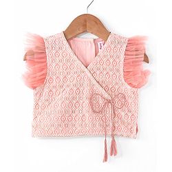 Babyhug Frill Sleeves Embroidered Overlap Choli With Net Lehenga  and Dupatta - Coral