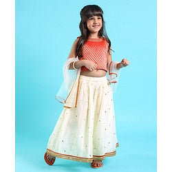 Babyhug Sleeveless Brocade Choli With Chanderi Butti Lehenga And Dupatta Set- Off White & Red
